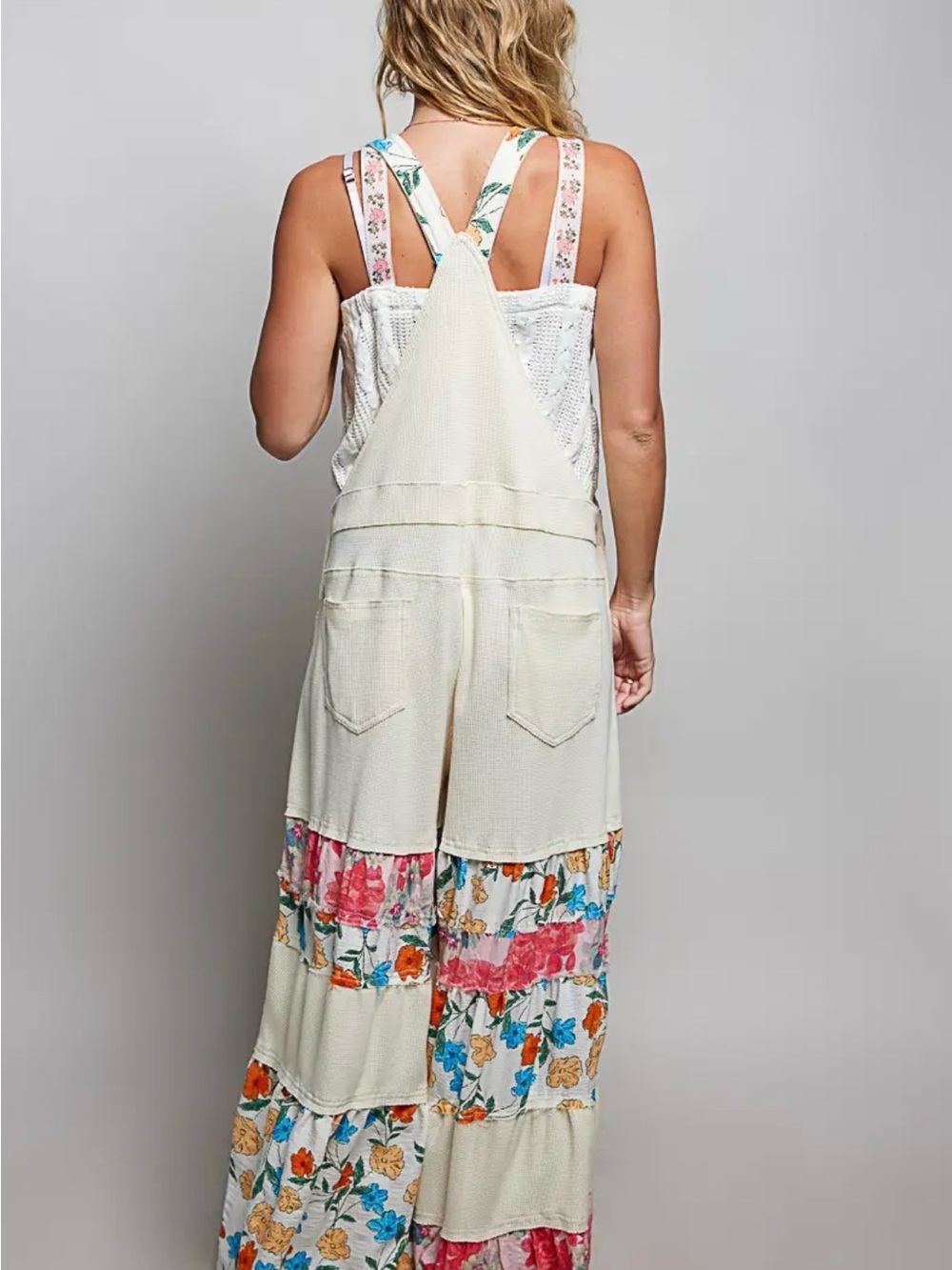 POL brand Boho Floral Patchwork Cream Wide-Leg Overalls - Picture 2 of 3